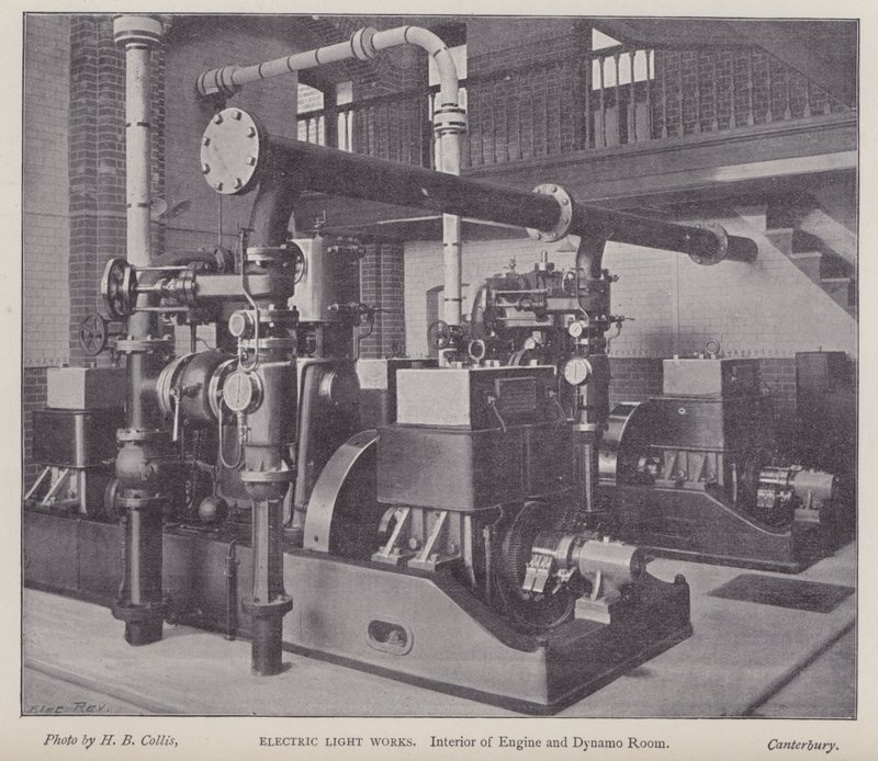 Interiér strojovny a dynama, Electric Light Works, Canterbury, Kent (č/b foto) od Henry Beauchamp Collis