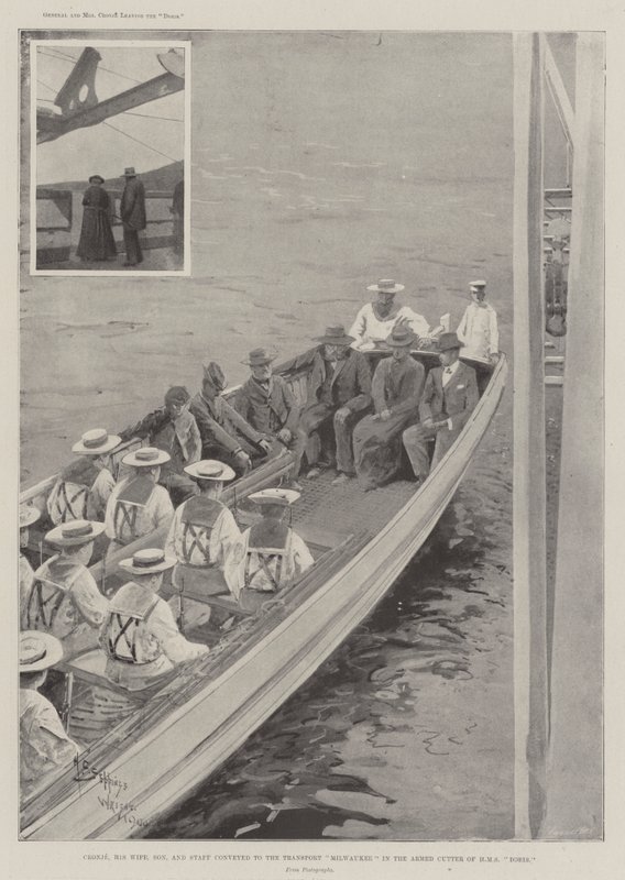 Cronje, jeho manželka, syn a štáb dopraveni do transportního Milwaukee v ozbrojeném řezači HMS Doris od Henry Charles Seppings Wright