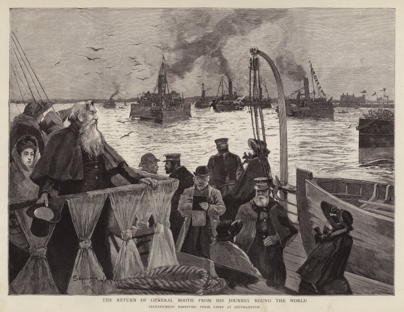 Generál William Booth, britský zakladatel Armády spásy, přijíždějící zpět do Southamptonu po svém světovém turné od Henry Charles Seppings Wright