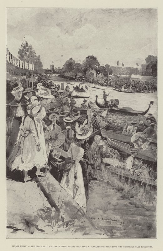 Henley Regatta, Final Heat for the Diamond Sculls (Ten Eyck vs Blackstaffe), při pohledu z prostoru Grosvenor Club Enclosure od Henry Charles Seppings Wright