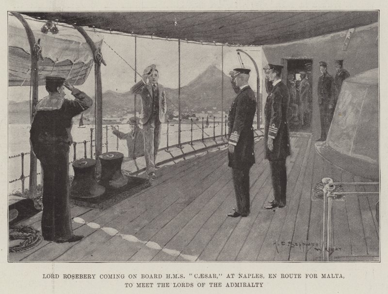 Lord Rosebery přichází na palubu HMS Caesar v Neapoli, na cestě na Maltu, aby se setkal s lordy admirality od Henry Charles Seppings Wright