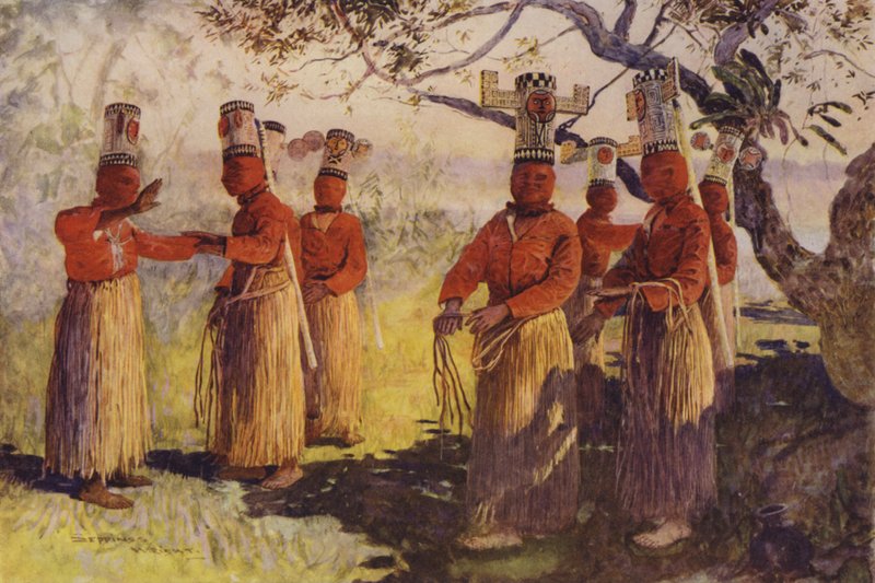 Maskovaní tanečníci z Opainy, River Apaporis, Brazílie od Henry Charles Seppings Wright