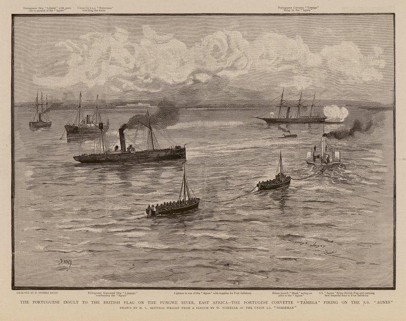 Portugalská korveta Tamega střílí na SS Agnes, řeka Pungwe, východní Afrika (rytina) od Henry Charles Seppings Wright
