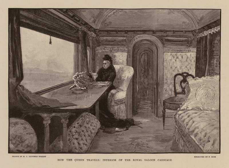 Královna Viktorie v železničním voze Royal Saloon (rytina) od Henry Charles Seppings Wright