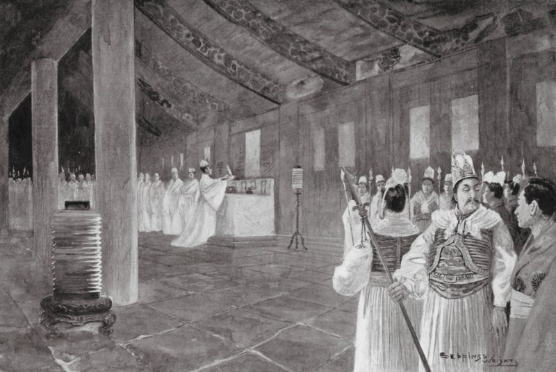 Vyjmutí desky z konfuciánského chrámu (litografie) od Henry Charles Seppings Wright