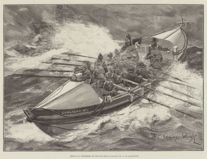 Záchrana rybářů záchranným člunem Sunlight č. 1 v Llandudnu od Henry Charles Seppings Wright