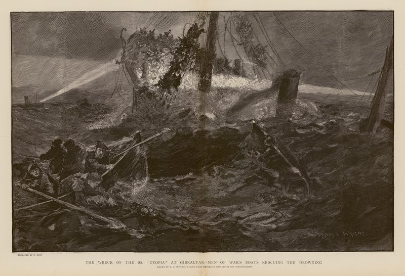 Záchrana tonoucích při ztroskotání lodi SS Utopia, Gibraltar (rytina) od Henry Charles Seppings Wright