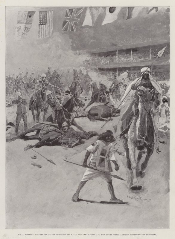 Královský vojenský turnaj v Agricultural Hall, karabineři a kopiníci z Nového Jižního Walesu rozhánějící derviše od Henry Charles Seppings Wright