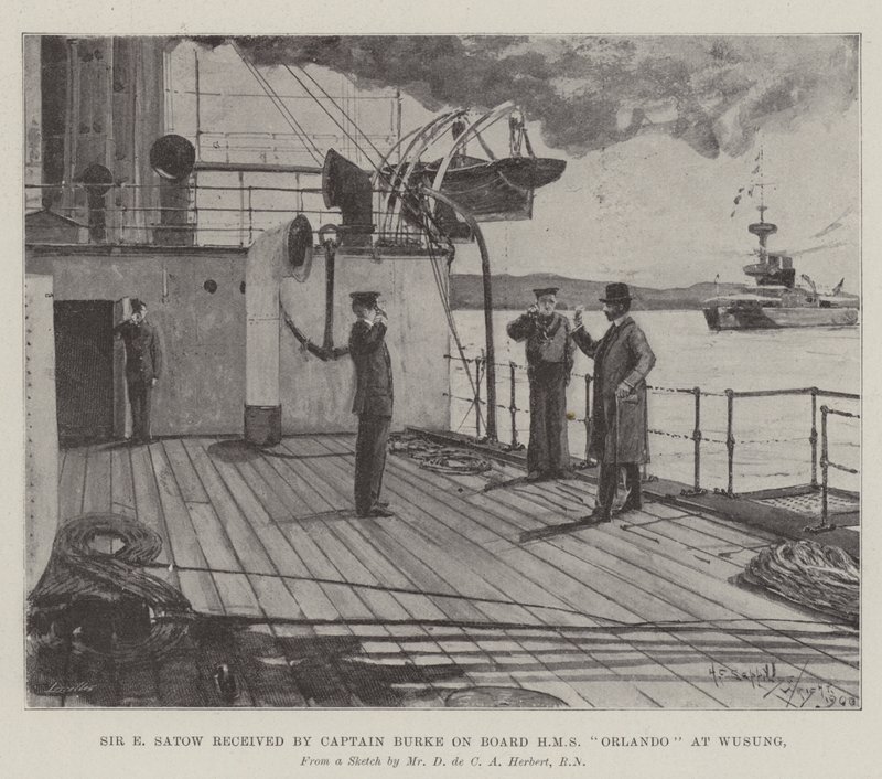 Sir E Satow přijat kapitánem Burkem na palubě HMS Orlando ve Wusungu od Henry Charles Seppings Wright