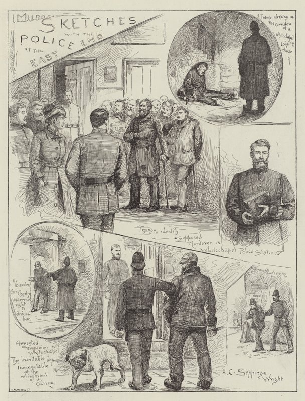 Scénky s policií na East Endu od Henry Charles Seppings Wright