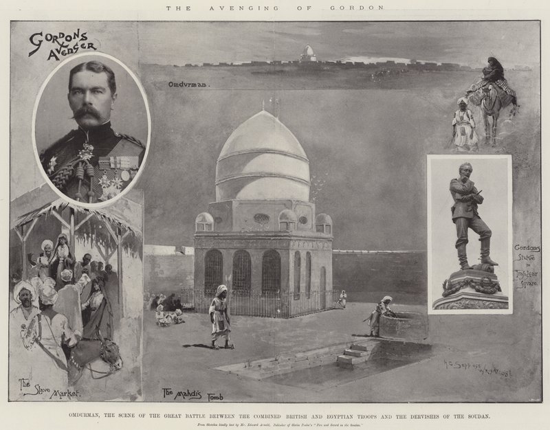 Gordonova pomsta, Omdurman, scéna velké bitvy mezi spojenými britskými a egyptskými vojsky a derviši ze Súdanu od Henry Charles Seppings Wright