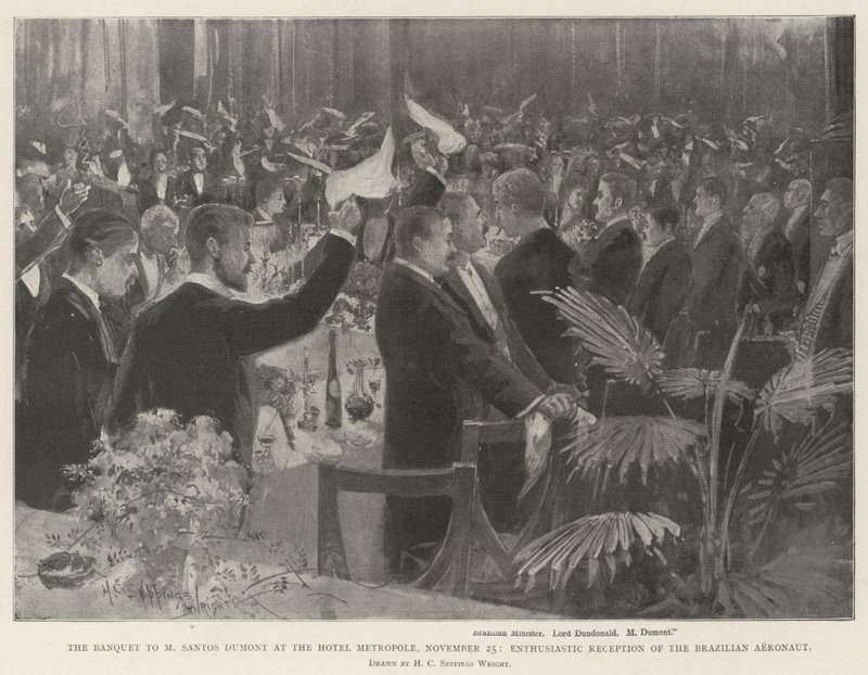 Banket pro M Santos Dumont v hotelu Metropole, 25. listopadu, nadšené přijetí brazilského aeronauta od Henry Charles Seppings Wright