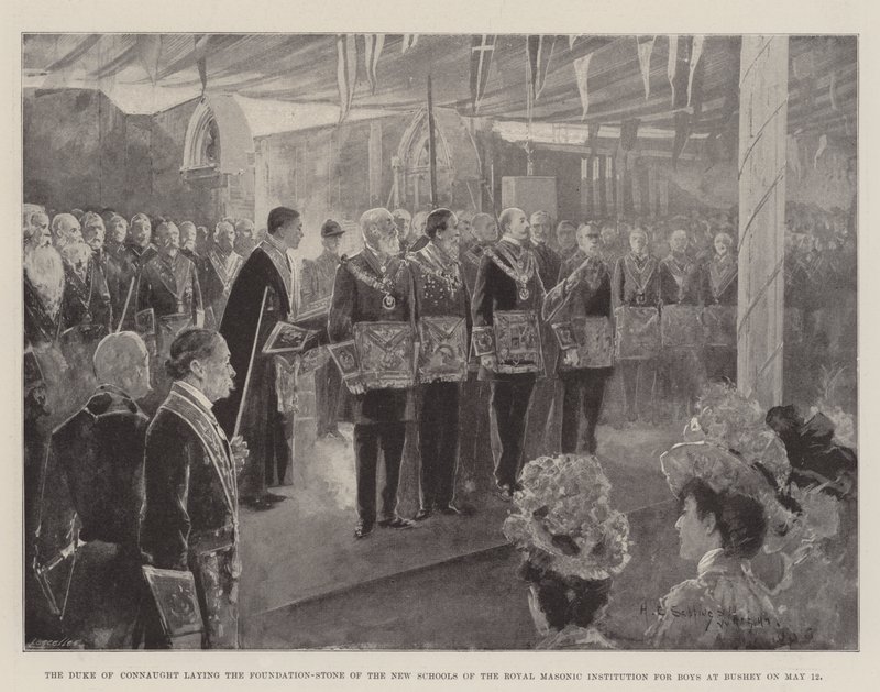 Vévoda z Connaughtu pokládá základní kámen nových škol Královského zednářského institutu pro chlapce v Bushey dne 12. od Henry Charles Seppings Wright