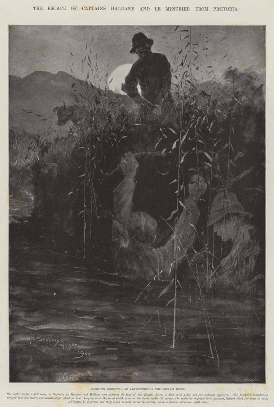Útěk kapitánů Haldane a Le Mesurier z Pretorie od Henry Charles Seppings Wright