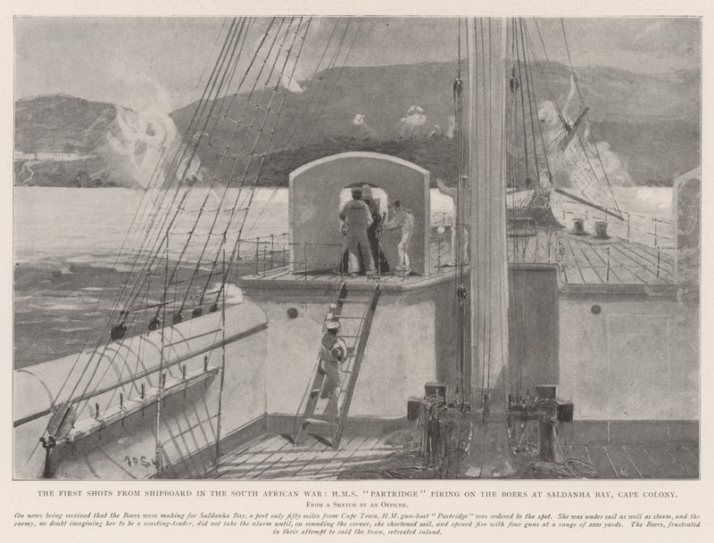 První výstřely z Shipboardu v jihoafrické válce, HMS Partridge střílející na Boery v Saldanha Bay, Cape Colony od Henry Charles Seppings Wright