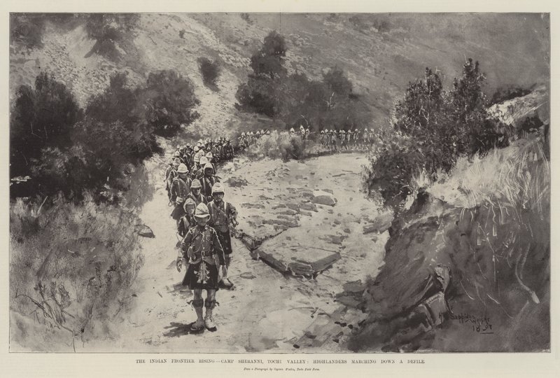 The Indian Frontier Rising, Camp Sheranni, Tochi Valley, Highlanders pochodující dolů Defile od Henry Charles Seppings Wright