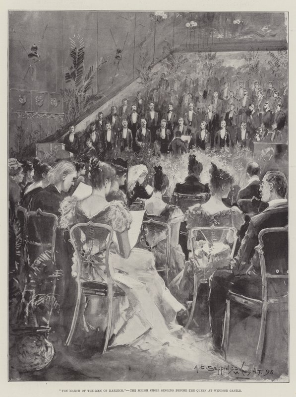 Pochod mužů z Harlechu, velšský sbor zpívající před královnou na hradě Windsor od Henry Charles Seppings Wright