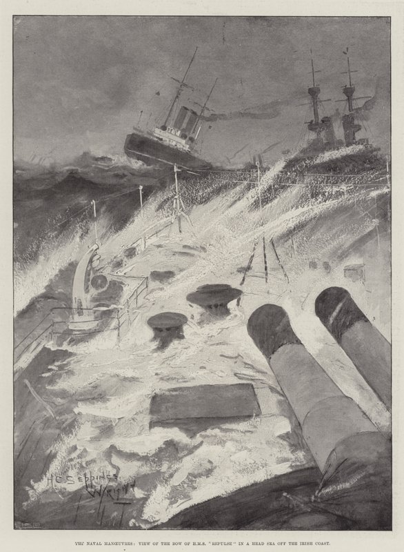 Námořní manévry, pohled na příď HMS Repulse v hlavním moři u irského pobřeží od Henry Charles Seppings Wright