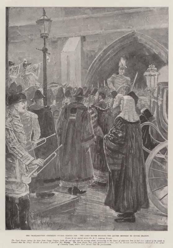 Slavnostní vyhlášení v Temple Baru, lord starosta čte dopis, který přinesl Rouge Dragon. od Henry Charles Seppings Wright