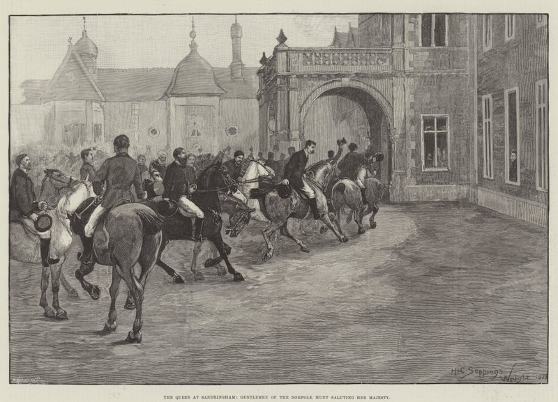Královna v Sandringhamu, pánové z lovu v Norfolku zdraví Její Veličenstvo od Henry Charles Seppings Wright