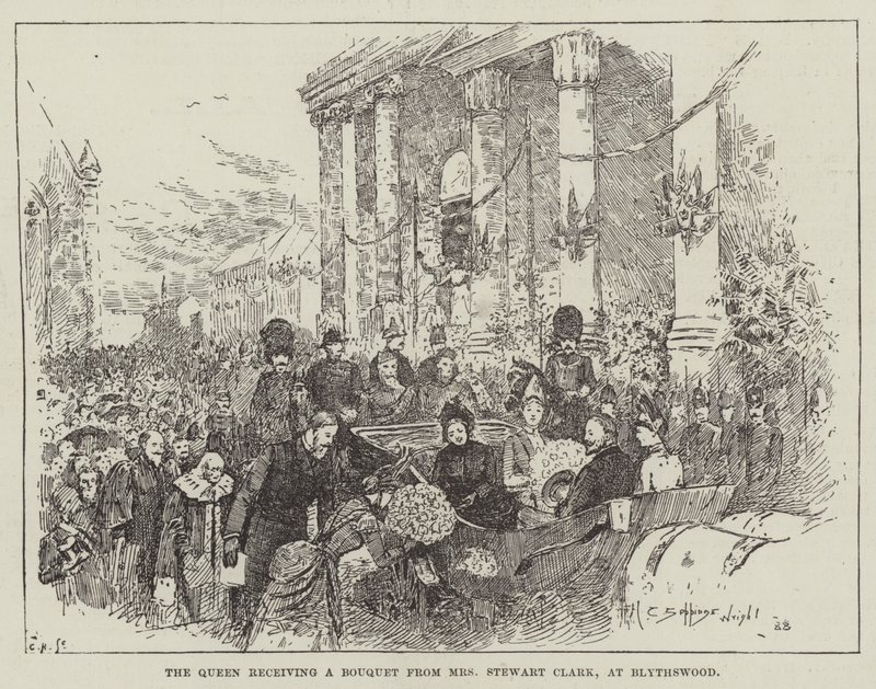 Královna dostává v Blythswoodu kytici od paní Stewart Clarkové od Henry Charles Seppings Wright