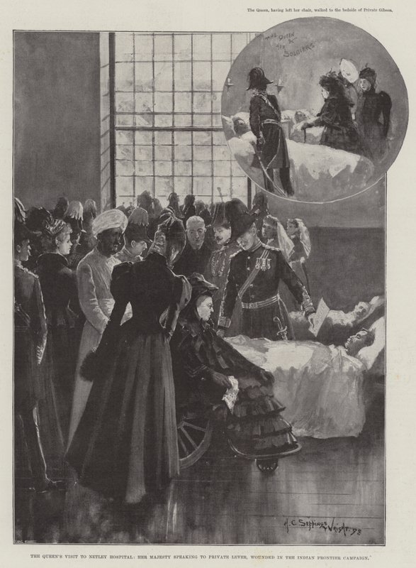 Návštěva královny v nemocnici Netley, Její Veličenstvo mluví s vojínem Leverem, zraněno při indické pohraniční kampani od Henry Charles Seppings Wright