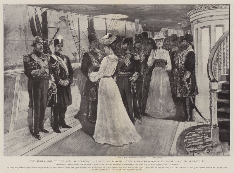 Návštěva Shahů u krále v Portsmouthu, 20. srpna, princezna Victoria fotografuje krále Edwarda a Muzaffir-ed-Dina od Henry Charles Seppings Wright