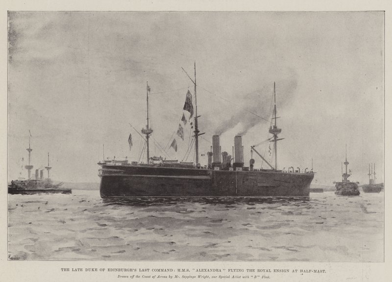 Poslední velitelství zesnulého vévody z Edinburghu, HMS Alexandra létající s Royal Ensign na Half-Mast od Henry Charles Seppings Wright