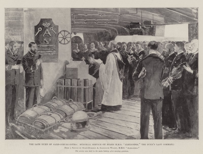 Zesnulý vévoda Sasko-Kobursko-Gothajský, vzpomínkový obřad na palubě HMS Alexandra, vévodovo poslední velení od Henry Charles Seppings Wright