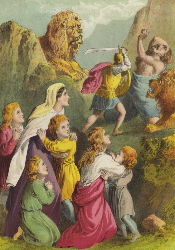 Greatheart zabíjí Giant Grim (chromolitho) od Henry Courtney Selous