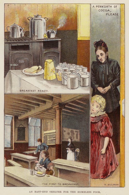 Útulek pro chudé bezdomovce v East End of London, konec 19. století (chromolitho) od Henry Herbert Bulman