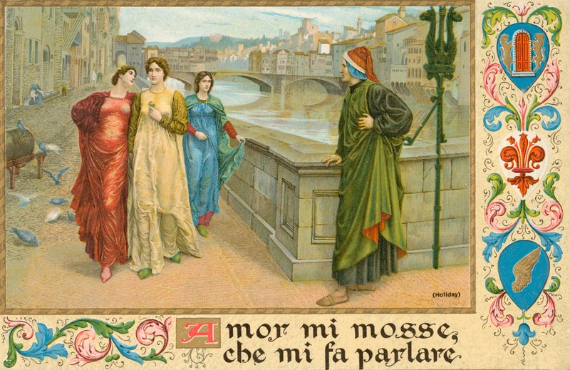 Italský básník Dante Alighieri a Beatrice Portinari (chromolitho) od Henry Holiday