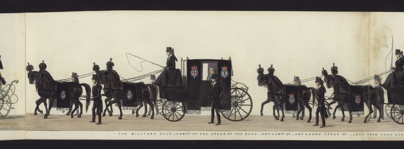 Část panoramatického pohledu na celý pohřební průvod Artura, vévody z Wellingtonu (barevná akvatinta) od Henry Jr and Sala George Augustus Alken