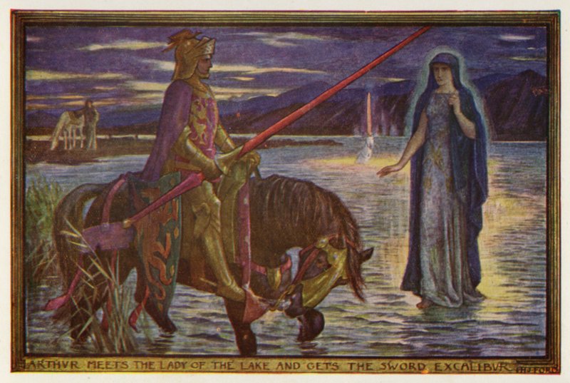 Arthur se setkává s Paní jezera a získává meč Excalibur (barevný litho) od Henry Justice Ford