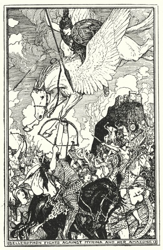 Bellerophon bojuje proti Myrině a jejím Amazonkám (litho) od Henry Justice Ford