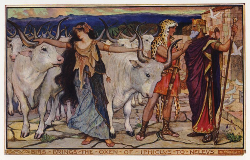 Bias přivádí Iphiklovy voly k Neleovi (barva litho) od Henry Justice Ford