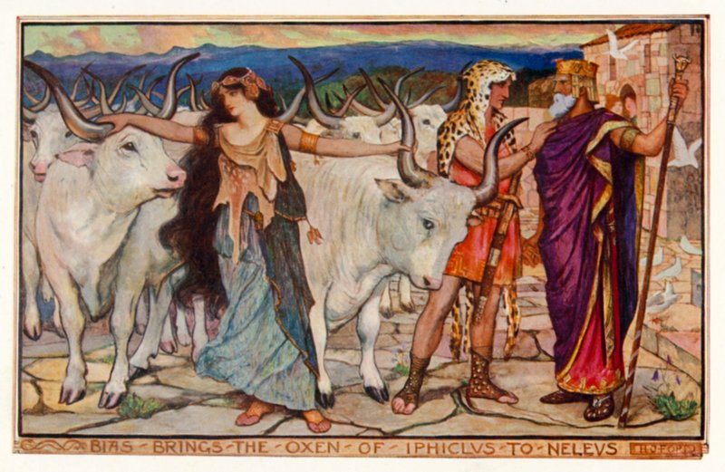 Bias přivádí Iphiklovy voly k Neleovi (barva litho) od Henry Justice Ford