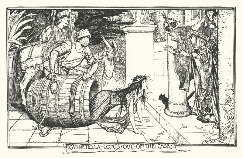 Cannetella vychází ze sudu (rytina) od Henry Justice Ford