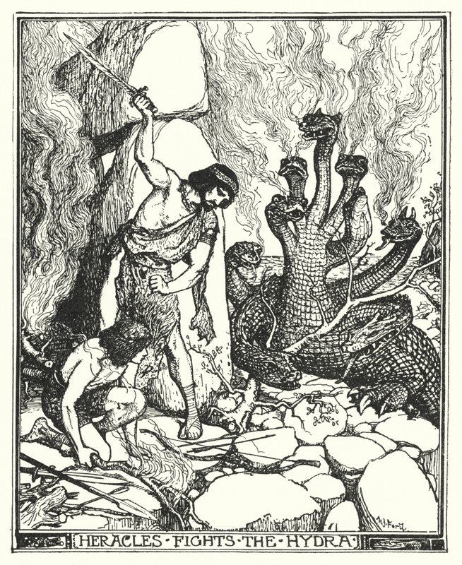 Herakles bojuje s Hydrou (litho) od Henry Justice Ford