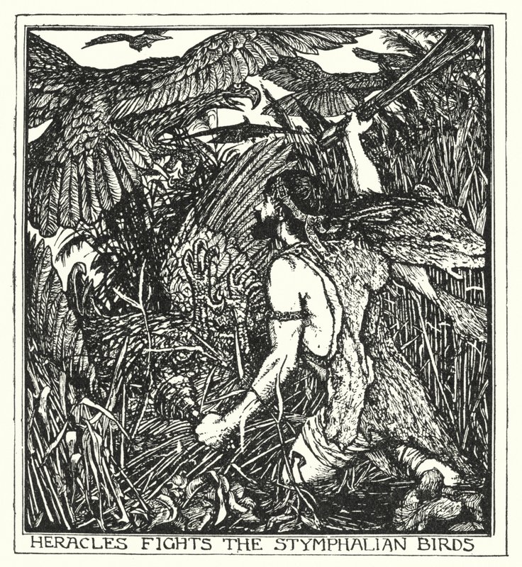 Heracles bojuje se Stymphalian ptáky (litho) od Henry Justice Ford