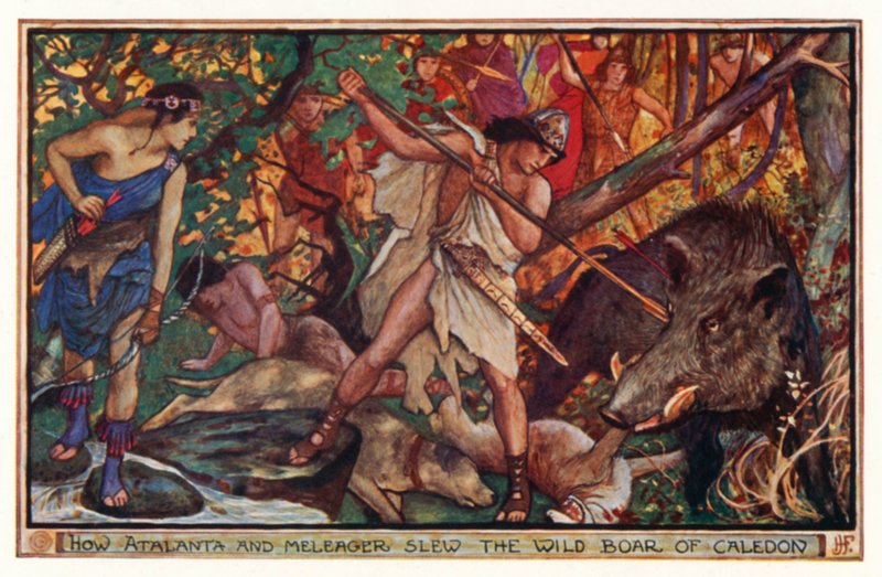 Jak Atalanta a Meleager zabili divočáka z Caledonu (barva litho) od Henry Justice Ford