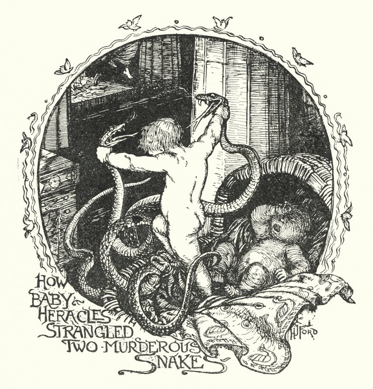 Jak Baby Herakles uškrtil dva vražedné hady (litho) od Henry Justice Ford