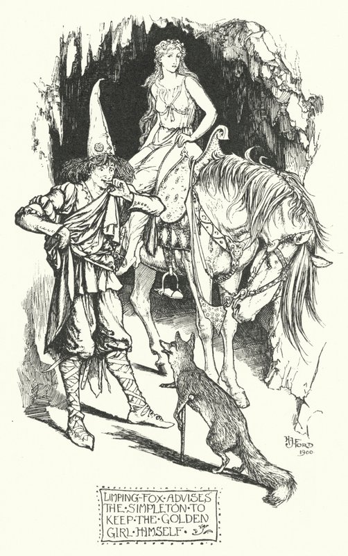 Limping-Fox radí prosťáčka, aby si nechal samotnou zlatou dívku (rytina) od Henry Justice Ford