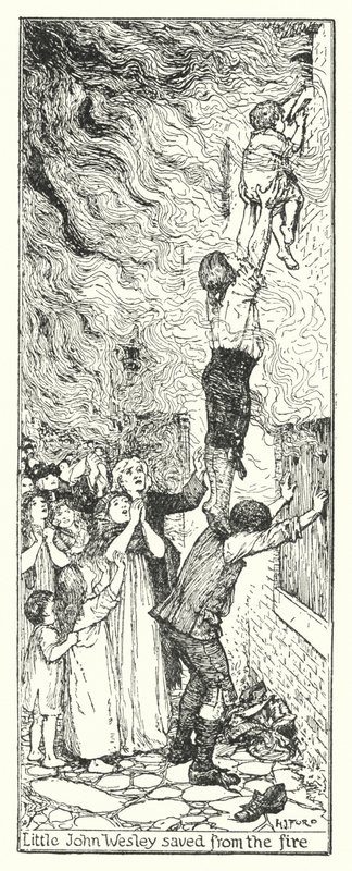 Malý John Wesley zachráněn před ohněm (litho) od Henry Justice Ford