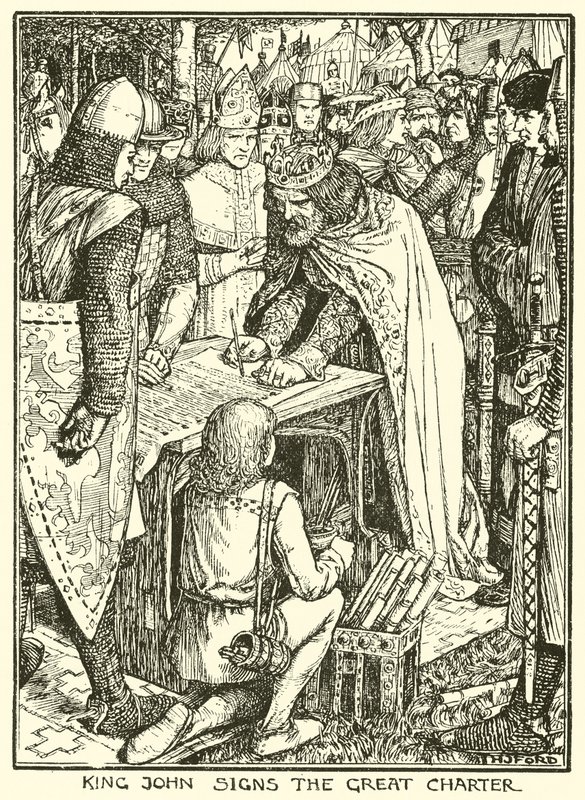 Magna Charta. Král Jan podepisuje Velkou chartu (rytina) od Henry Justice Ford