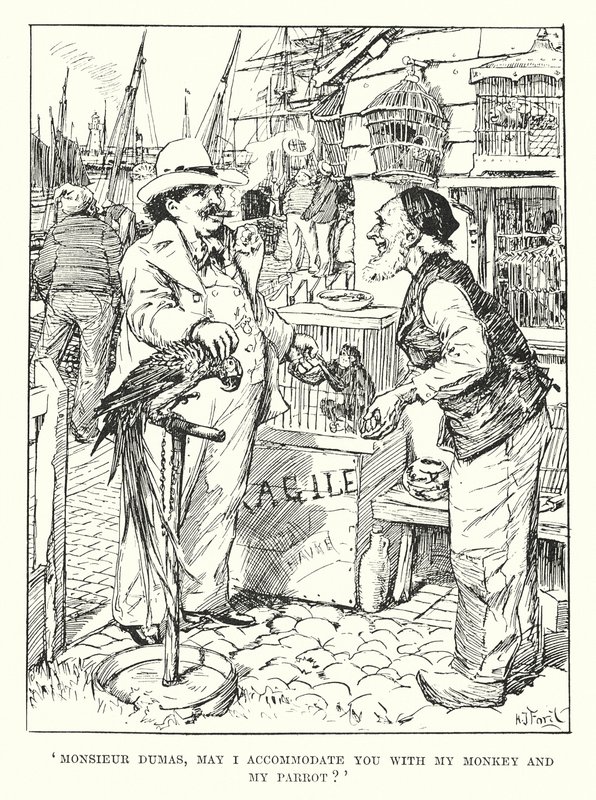 "Monsieur Dumas, mohu vás ubytovat se svou opicí a papouškem" (rytina) od Henry Justice Ford
