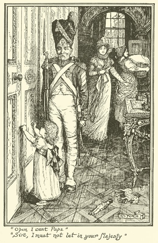 "Otevři chci papa." "Pane, nesmím vpustit Vaše Veličenstvo" (rytina) od Henry Justice Ford