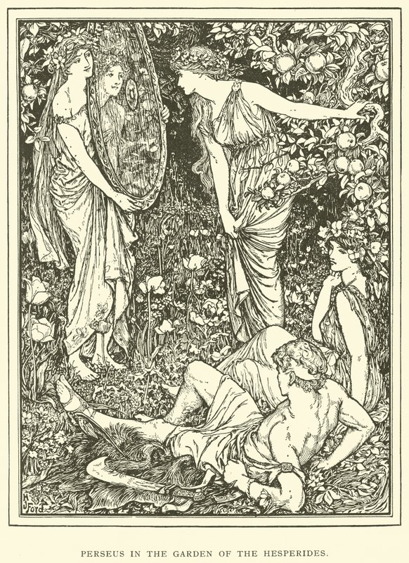 Perseus v zahradě Hesperidek od Henry Justice Ford