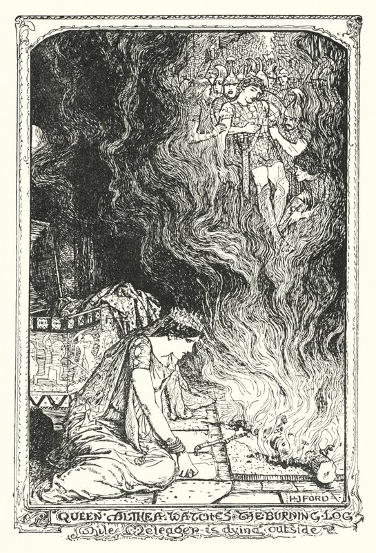 Královna Althea sleduje hořící poleno, zatímco Meleager venku umírá (litho) od Henry Justice Ford