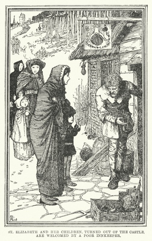Svatá Alžběta a její děti, vyvrácené z hradu, jsou přivítány chudým hostinským (litho) od Henry Justice Ford